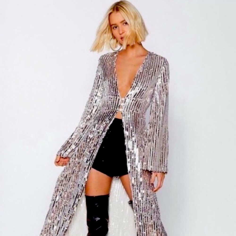 Nasty Gal Silver Sequin Longline Cardigan